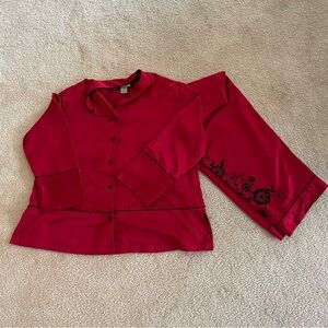 Cabernet Red & Black Embroidered Satin Pajama Set Large Asian-Inspired Styling